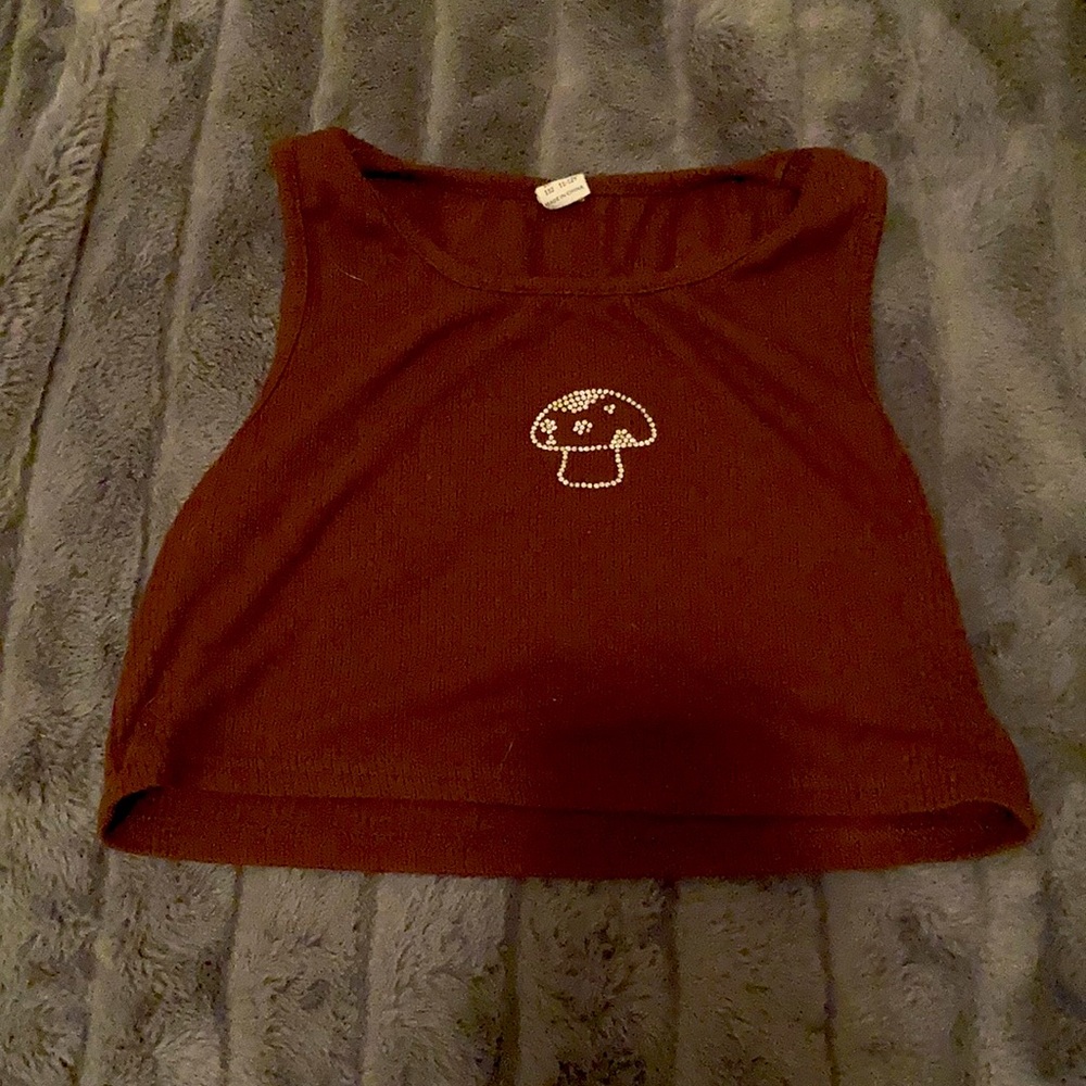 Shein girls 11-12 brown crop tank top with rhinestone mushroom